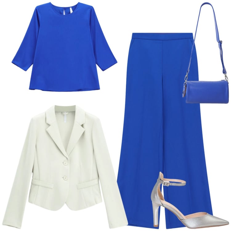 Outfit donna - Elegante. Stile Bon Ton per Cerimonia. Abbinamento con blazer, borse a tracolla, bluse, pantaloni a palazzo, décolleté.