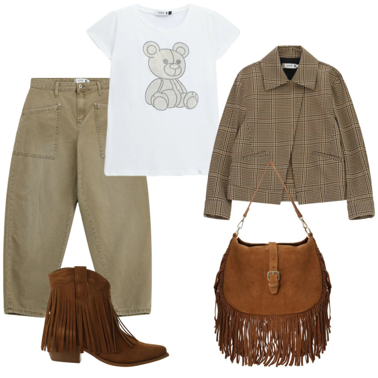 Outfit donna - Total look #2478301. Stile Casual per Scuola/Università. Abbinamento con stivaletti texani, borse a spalla, cappotti, t-shirt, pantaloni.