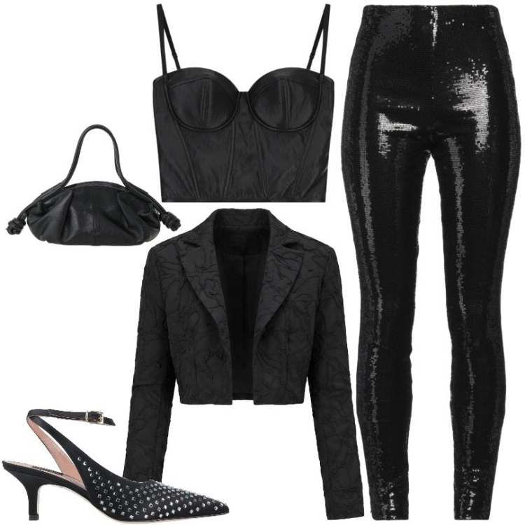 Outfit donna - Decolleté dall\'impatto visivo magnetico. Stile Sexy per Serata fuori. Abbinamento con leggings, décolleté, top, borse a mano, blazer.