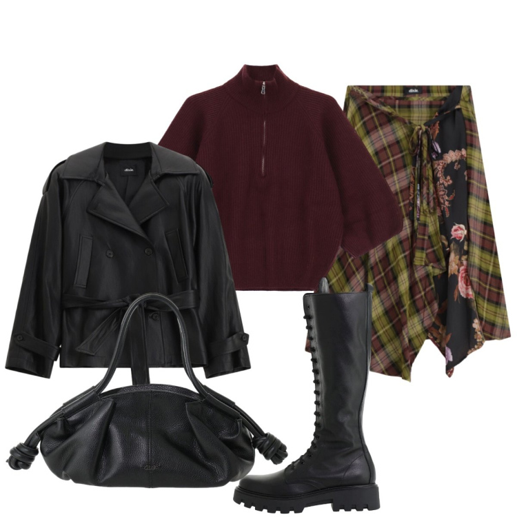 Outfit donna - Urban folk Dixie. Stile Urban per Tutti i giorni. Abbinamento con trench, gonne longuette, borse a mano, stivali, maglieria.