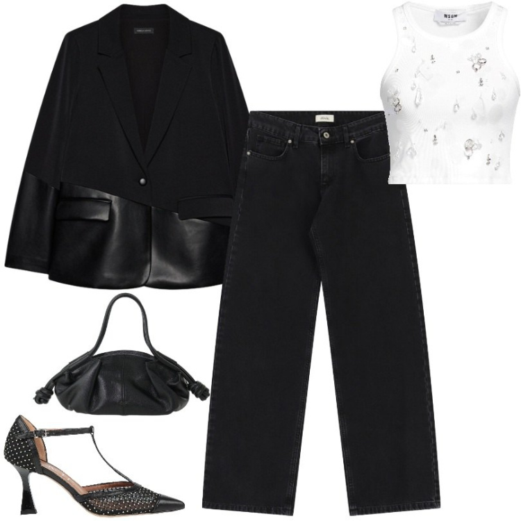 Outfit donna - décolleté dal tocco Glam. Stile Sexy per Serata fuori. Abbinamento con décolleté, top, borse a mano, jeans, blazer.