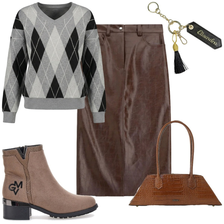 Outfit donna - Oroscopo La Bilancia - classica. Stile Casual per Ufficio. Abbinamento con portachiavi, borse a spalla, gonne longuette, maglieria, stivaletti.