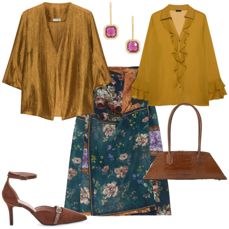 Outfit donna - Chic cerimonia evento pranzo. Stile Chic per Cerimonia. Abbinamento con gonne longuette, borse a spalla, blazer, bluse, orecchini, décolleté.