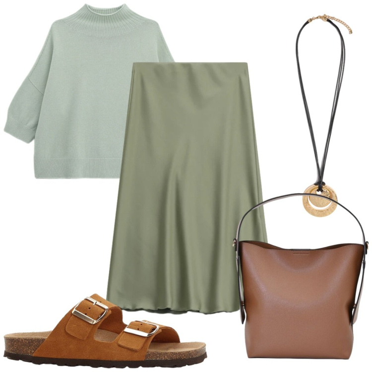 Outfit donna - Maglieria Leggera e Gonne Midi. Stile Minimal per Tutti i giorni. Abbinamento con ciabatte, pullovers, gonne longuette, borse a mano, ciondoli.