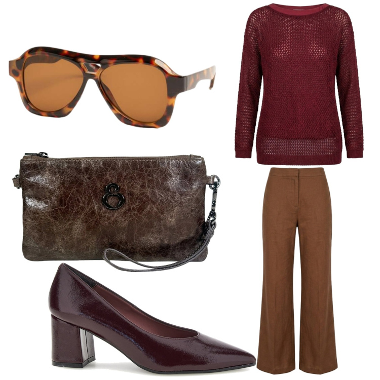 Outfit donna - Bilancia: rigore chic. Stile Casual chic per Tutti i giorni. Abbinamento con pochette, pantaloni, maglieria, occhiali da sole, décolleté.