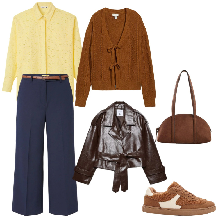Outfit donna - Autumn. Stile Casual per Tutti i giorni. Abbinamento con sneakers, cardigans, borse a tracolla, camicie, pantaloni, trench.