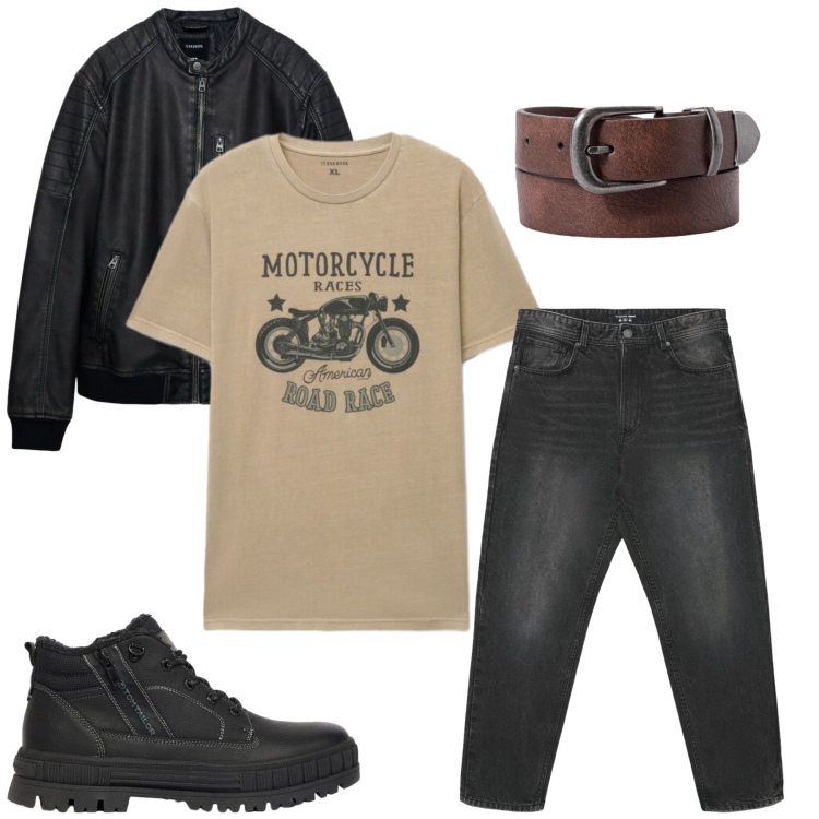 Outfit uomo - Total look #2478342. Stile Casual per Tutti i giorni. Abbinamento con cinture, giacche, jeans, t-shirt, stivali e stivaletti.