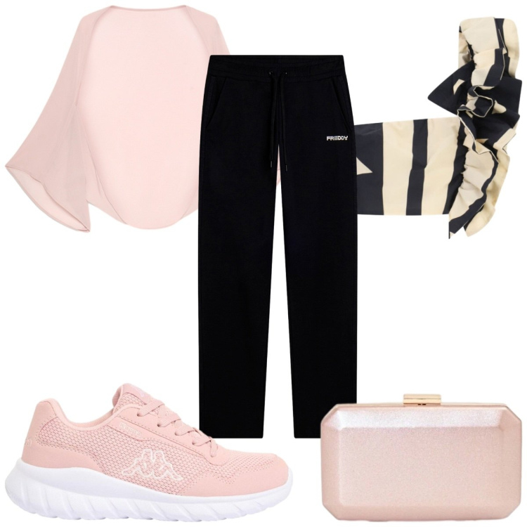 Outfit donna - Sneakers mania - sporty chic. Stile Sporty chic per Tutti i giorni. Abbinamento con sneakers, pantaloni, top, clutch, blazer.