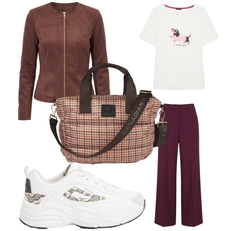 Outfit donna - Sportiva chic con le sneakers. Stile Casual per Tutti i giorni. Abbinamento con sneakers, pantaloni a palazzo, blazer, borse tote, t-shirt.