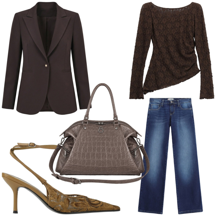 Outfit donna - La giacca per il giorno e la sera. Stile Casual chic per Tutti i giorni. Abbinamento con décolleté, t-shirt, jeans dritti, blazer, shopping bag.