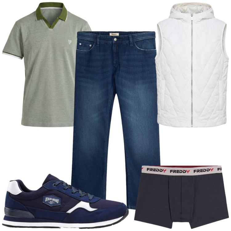 Outfit uomo - Total look #2478351. Stile Casual per Tutti i giorni. Abbinamento con polo, piumini, boxer, sneakers, jeans bootcut.