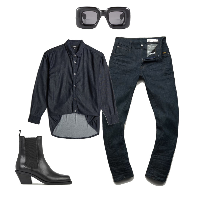 Outfit femme - Denim Brut. Style Rock pour Tous les jours. Assortir avec lunettes de soleil, bottes, jeans, chemisiers.
