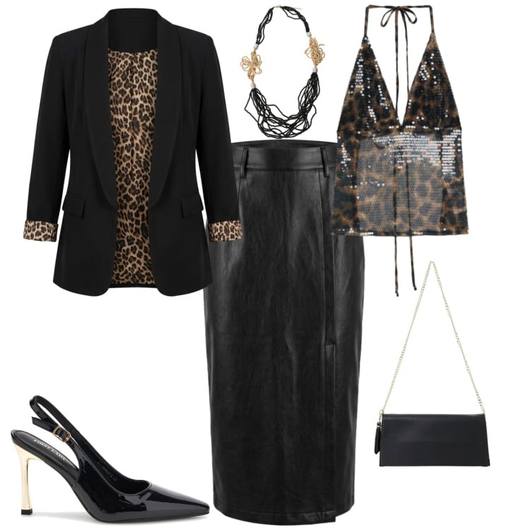 Outfit donna - Chic serata evento speciale. Stile Chic per Serata fuori. Abbinamento con top, borse a tracolla, collane, blazer, gonne longuette, décolleté.