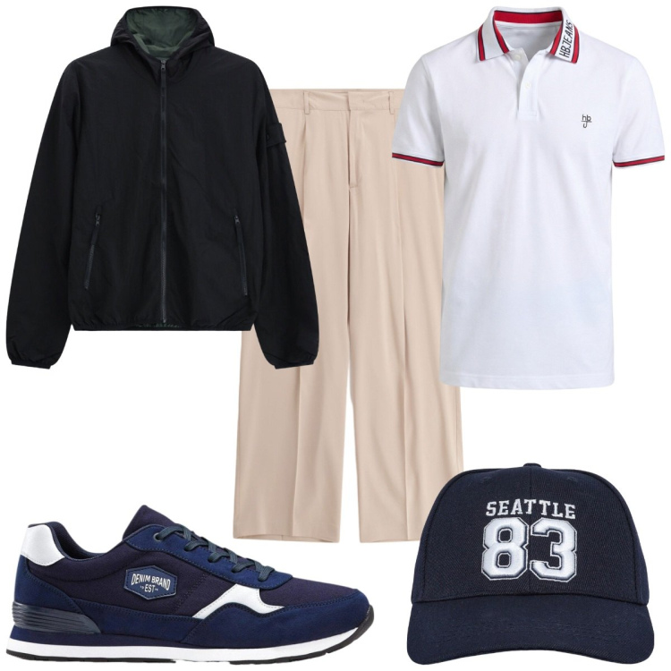 Outfit uomo - Total look #2478355. Stile Casual per Tutti i giorni. Abbinamento con polo, pantaloni, bomber, cappelli con visiera, sneakers.