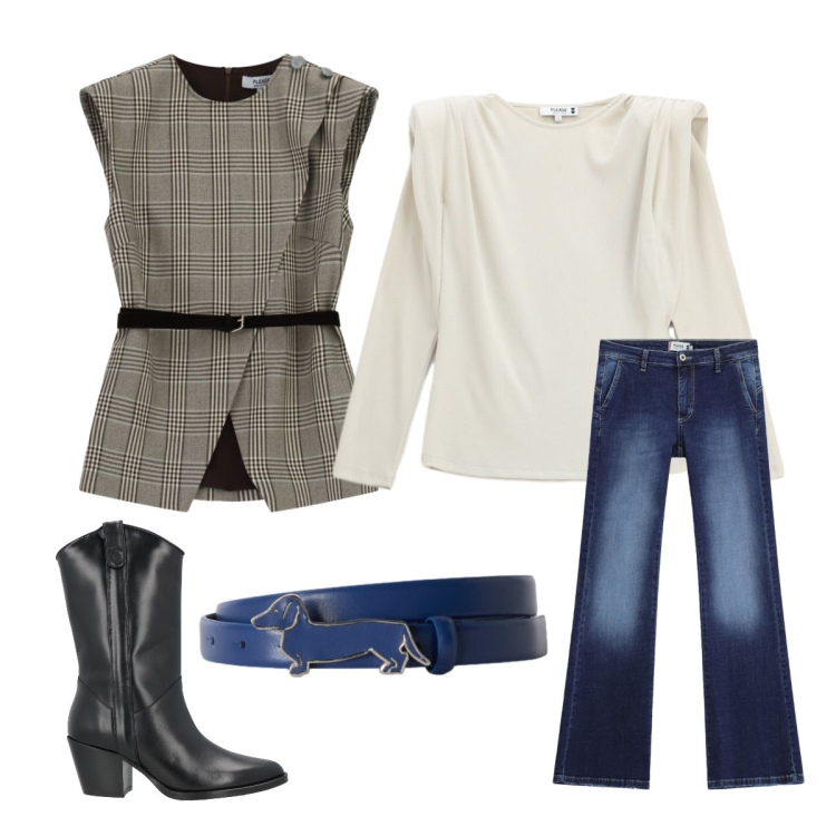 Outfit donna - No reservations. Stile Urban per Serata fuori. Abbinamento con stivaletti texani, cinture, jeans, gilet, t-shirt.