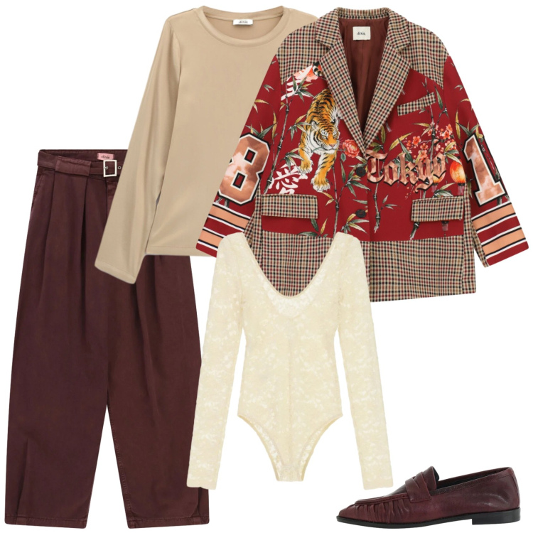 Outfit donna - La giacca importante. Stile Trendy per Ufficio. Abbinamento con body, t-shirt, mocassini, blazer, pantaloni a palazzo.
