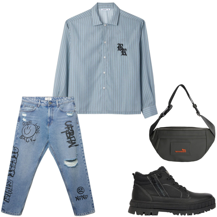 Outfit uomo - Total look #2478366. Stile Casual per Tutti i giorni. Abbinamento con borse sportive, jeans strappati, camicie, stivali e stivaletti.