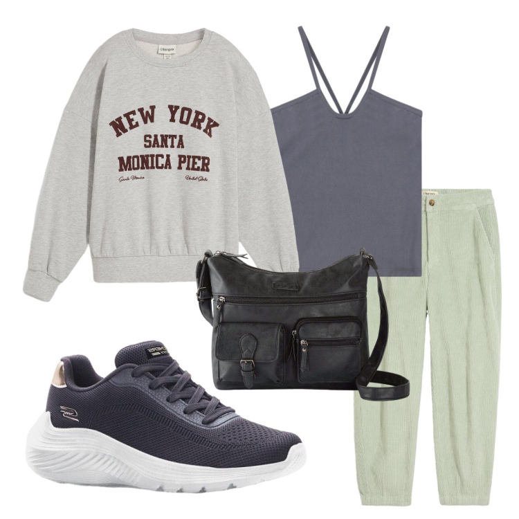 Outfit donna - Comfort autunnale. Stile Trendy per Tutti i giorni. look ideale per Petite. Abbinamento con pantaloni, borse a tracolla, felpe, sneakers, top.