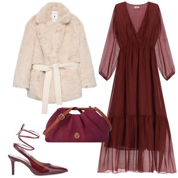 Outfit donna - In bilico. Stile Chic per Serata fuori. Abbinamento con cappotti, vestiti lunghi, clutch, décolleté.
