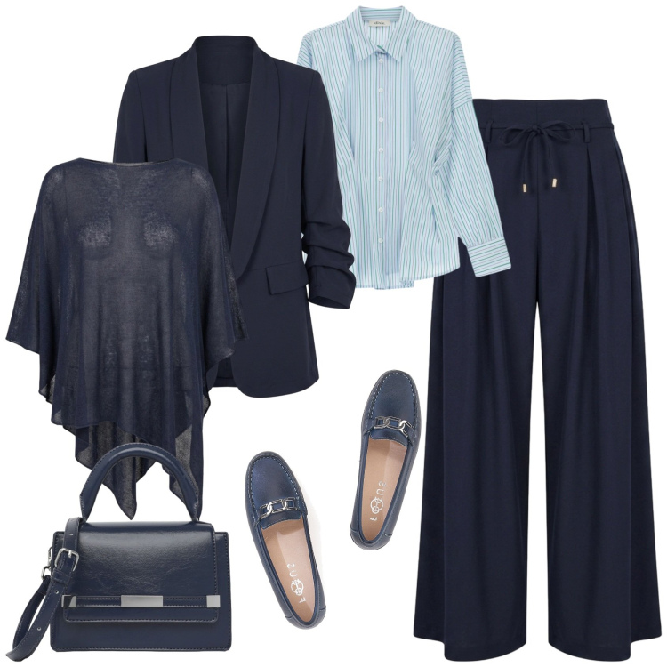 Outfit donna - Chic ufficio tempo libero. Stile Chic per Ufficio. Abbinamento con borse a tracolla, camicie, pantaloni a palazzo, cappotti, blazer, mocassini.