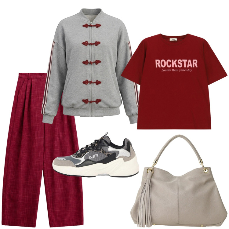 Outfit donna - Giornata off dal lavoro. Stile Basic per Tutti i giorni. Abbinamento con sneakers, pantaloni a palazzo, borse a spalla, t-shirt, felpe.