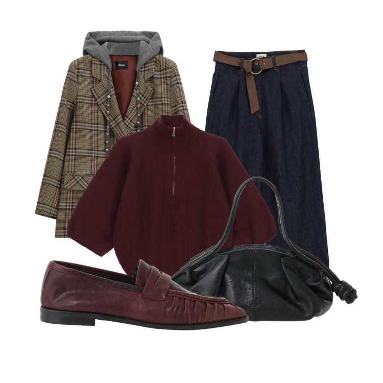 Outfit donna - Dixie - FW26. Stile Glamour per Tutti i giorni. Abbinamento con blazer, maglieria, borse a mano, mocassini, jeans.