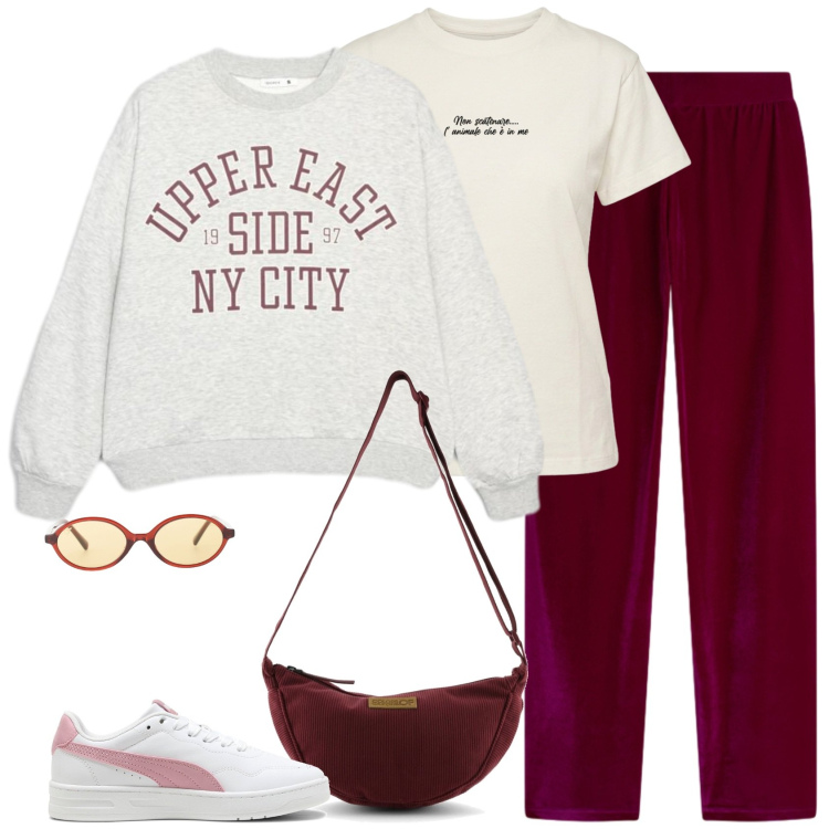 Outfit donna - Equilibrio. Stile Sporty chic per Tutti i giorni. Abbinamento con felpe, pantaloni, occhiali da sole, t-shirt, sneakers, borse a tracolla.