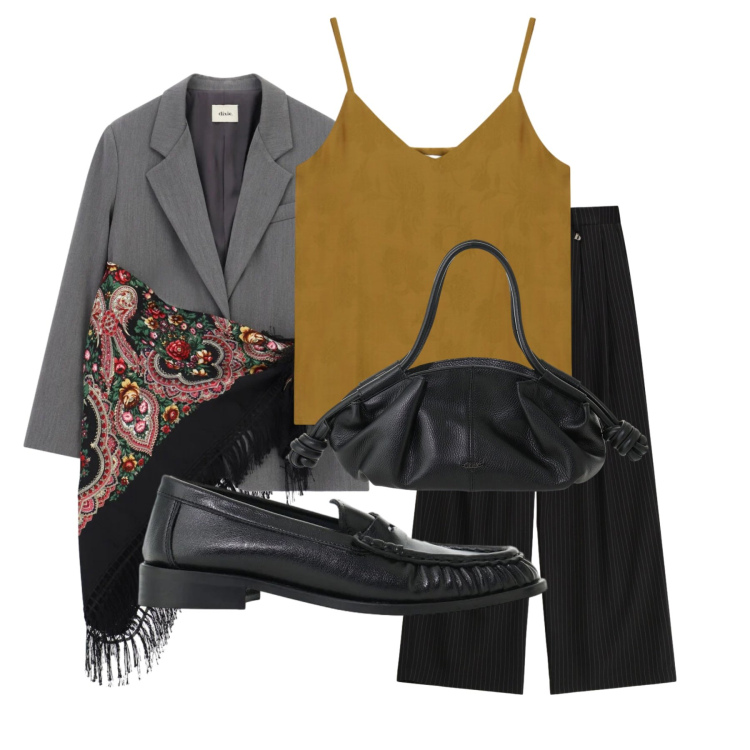 Outfit donna - Dixie - FW26. Stile Chic per Ufficio. Abbinamento con mocassini, blazer, pantaloni a palazzo, borse a mano, top.