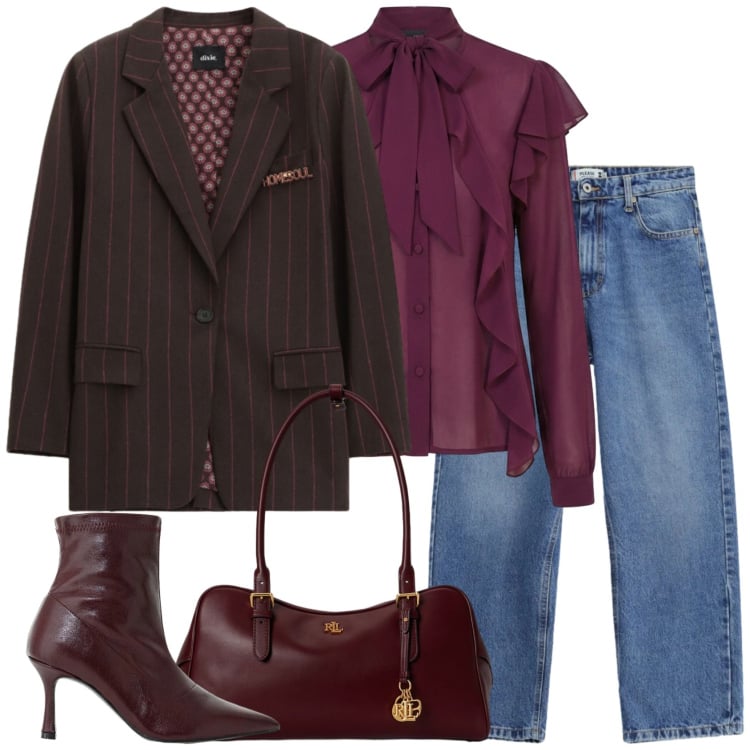 Outfit donna - Tra rigore e leggerezza. Stile Trendy per Ufficio. Abbinamento con stivaletti, jeans dritti, blazer, bluse, borse a mano.