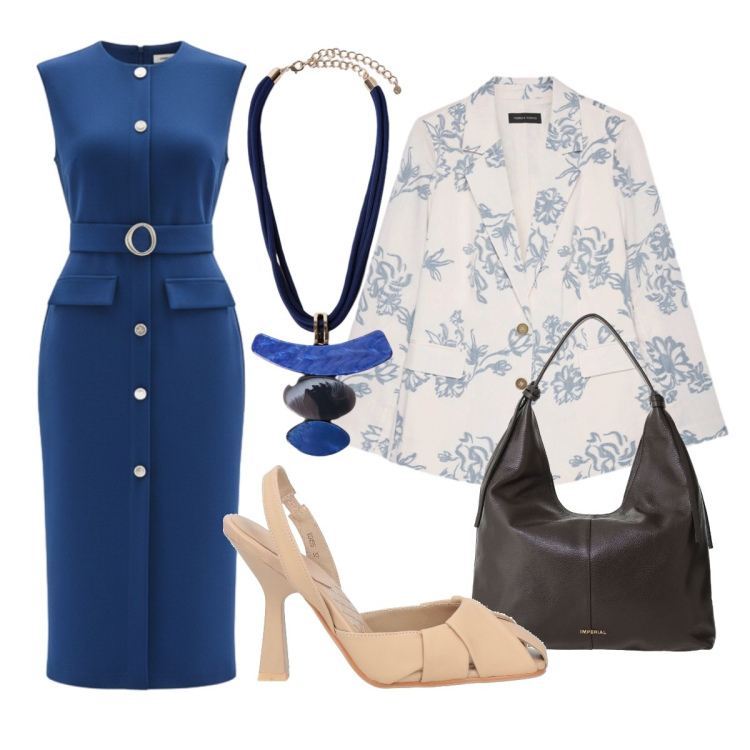 Outfit donna - Festa di 50 anni. Stile Chic per Cerimonia. Abbinamento con décolleté, borse a spalla, vestiti midi/longuette, blazer, ciondoli.