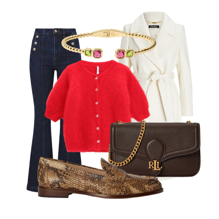 Outfit donna - Oroscopo Bilancia - Vestire l\'equilibrio. Stile Glamour per Tutti i giorni. Abbinamento con cardigans, jeans a zampa, cappotti, mocassini, braccialetti, borse a tracolla.
