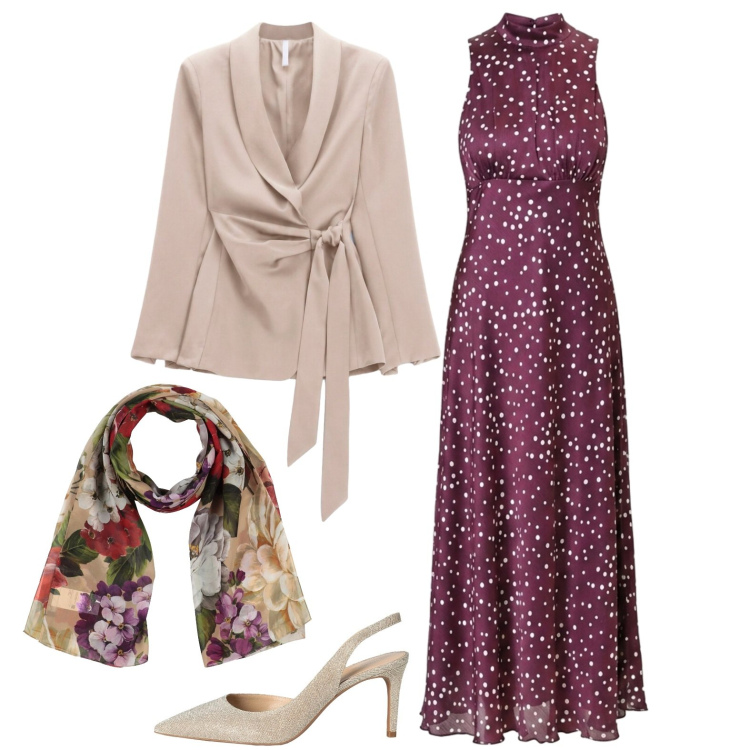 Outfit donna - Scollo halter per una cerimonia. Stile Chic per Cerimonia. Abbinamento con décolleté, sciarpe, blazer, vestiti lunghi.