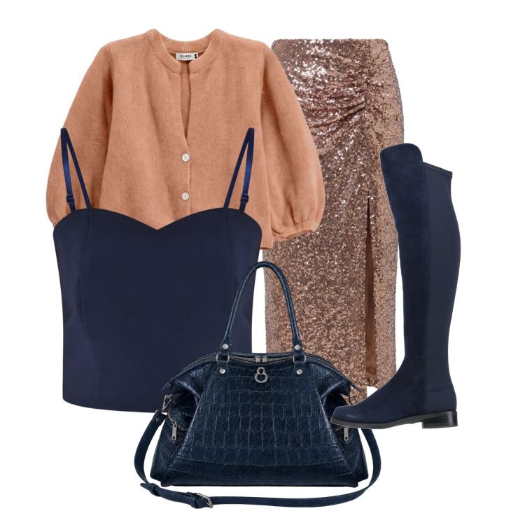Outfit donna - Maglieria Leggera e Gonne Midi. Stile Romantica per Serata fuori. Abbinamento con stivali, cardigans, top, gonne longuette, shopping bag.