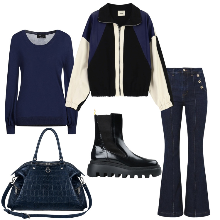 Outfit donna - Blu e nero. Stile Basic per Tutti i giorni. Abbinamento con stivaletti, pullovers, bomber, jeans a zampa, shopping bag.