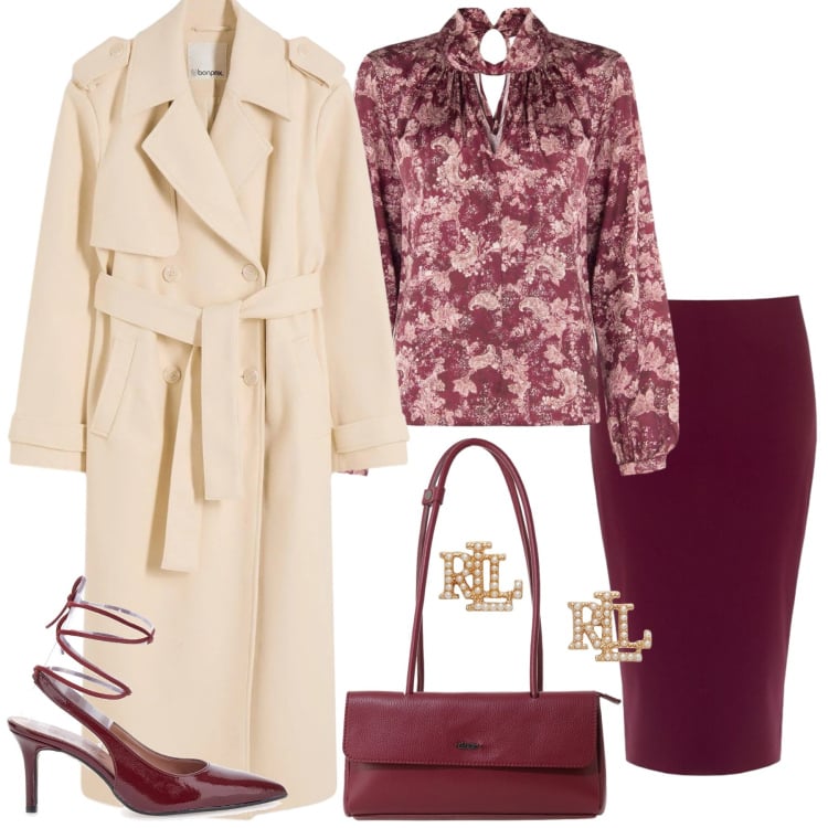 Outfit donna - Total look #2478390. Stile Casual chic per Tutti i giorni. Abbinamento con trench, borse a spalla, gonne longuette, bluse, orecchini, décolleté.
