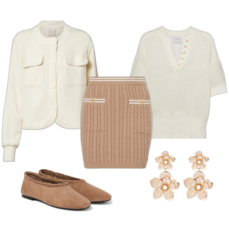 Outfit femme - Mini-jupe maille torsadée. Style Bon Ton pour Tous les jours. Assortir avec ballerines, gilets, polos, boucles d'oreilles, minijupes.