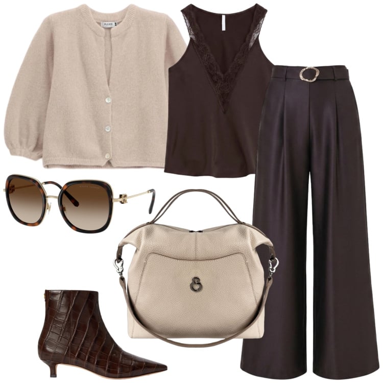 Outfit donna - Total look #2478395. Stile Chic per Tutti i giorni. Abbinamento con top, cardigans, pantaloni a palazzo, borse a mano, occhiali da sole, stivaletti.