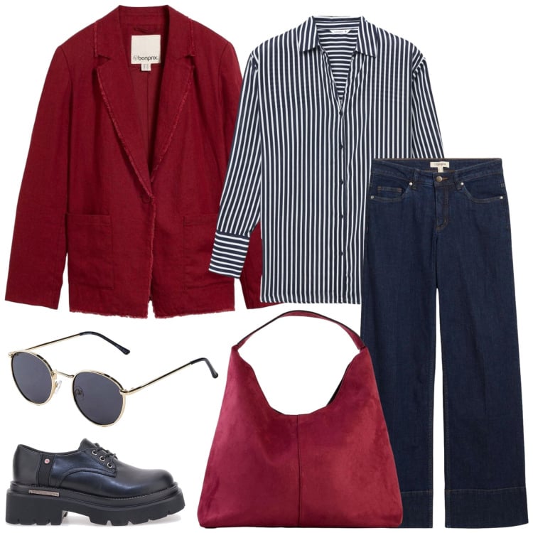 Outfit donna - Total look #2478398. Stile Preppy per Scuola/Università. Abbinamento con occhiali da sole, jeans, borse a spalla, blazer, camicie, scarpe stringate.