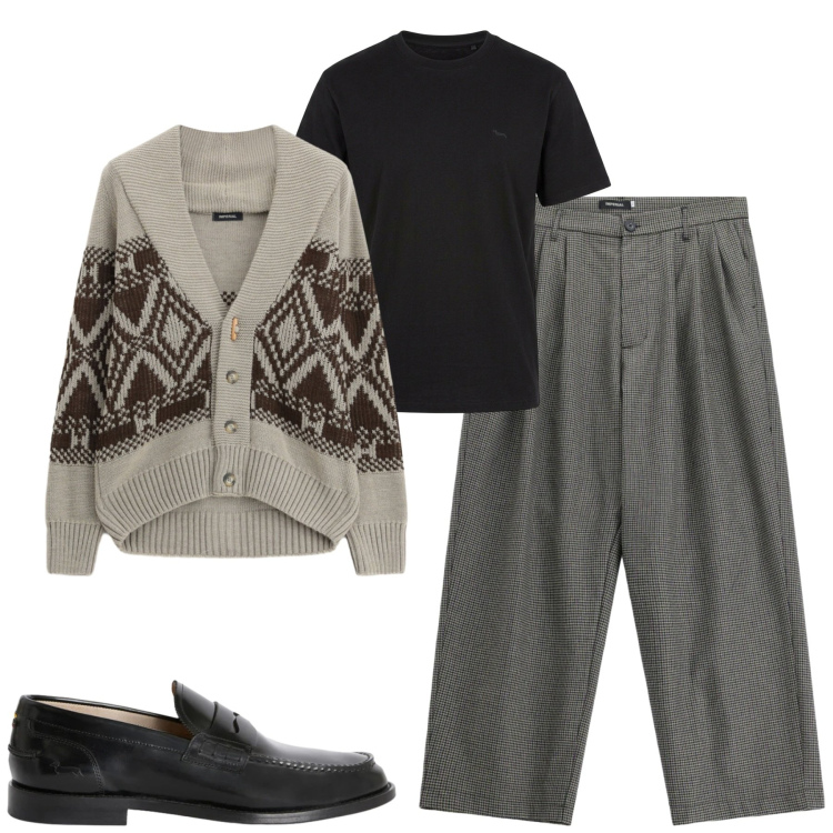 Outfit uomo - Fall. Stile Urban per Tutti i giorni. Abbinamento con t-shirt, scarpe stringate, pantaloni, cardigans.
