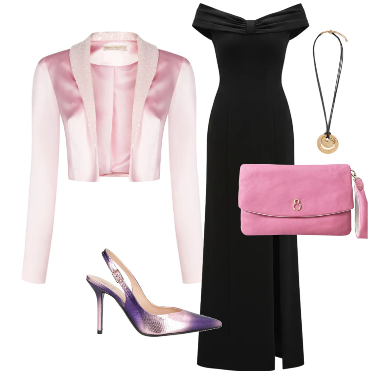 Outfit donna - Fine estate. Stile Chic per Serata fuori. look ideale per Petite. Abbinamento con décolleté, bolero, vestiti lunghi, ciondoli, pochette.
