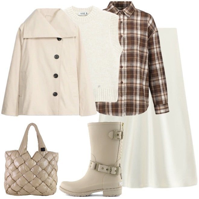 Outfit donna - Pioggia in arrivo. Stile Trendy per Tutti i giorni. Abbinamento con trench, gonne longuette, maglieria, borse tote, camicie, stivali.