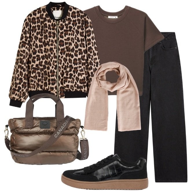 Outfit donna - Un po\' di giungla in città. Stile Casual chic per Scuola/Università. Abbinamento con bomber, sneakers, foulard, jeans, t-shirt, borse a tracolla.
