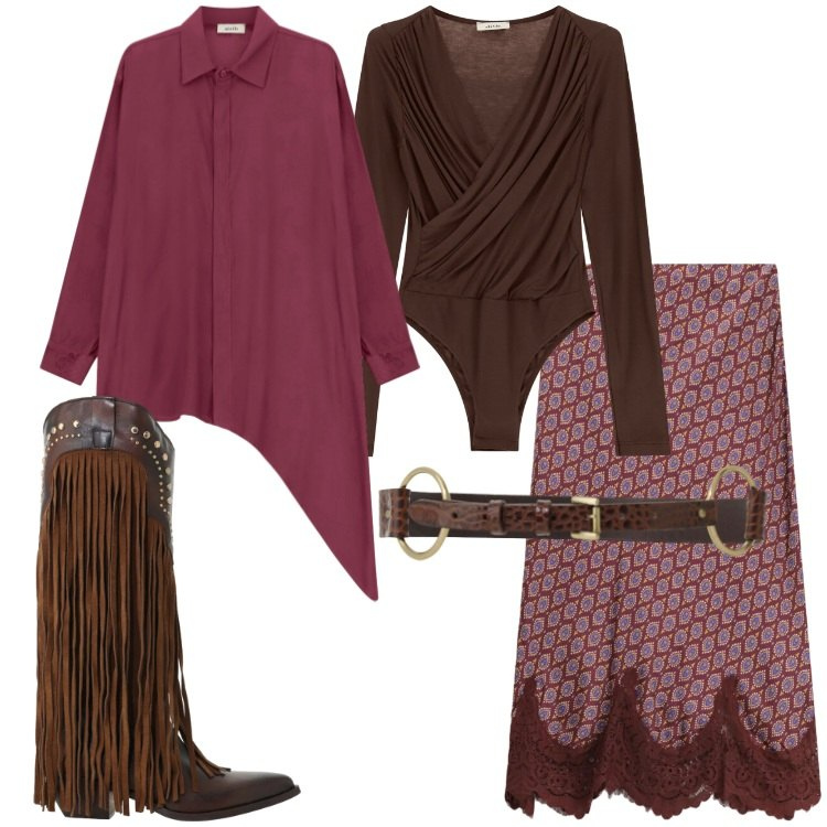 Outfit donna - Dixie - FW26 colori autunnali. Stile Trendy per Serata fuori. Abbinamento con gonne longuette, stivaletti texani, cinture, camicie, body.