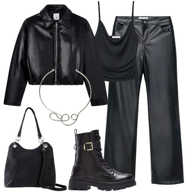 Outfit donna - Total black per la serata. Stile Rock per Serata fuori. Abbinamento con borse a mano, anfibi, giacche, top, pantaloni, collane.