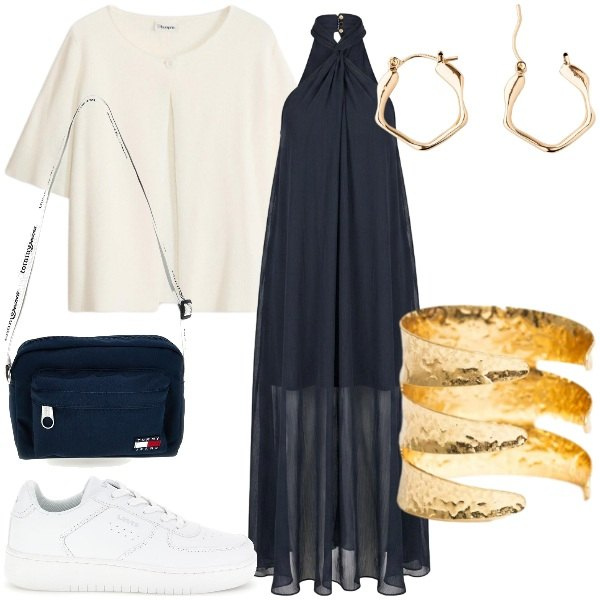 Outfit donna - Oroscopo La Bilancia. Stile Glamour per Tutti i giorni. Abbinamento con orecchini, cardigans, vestiti midi/longuette, braccialetti, borse a tracolla, sneakers.