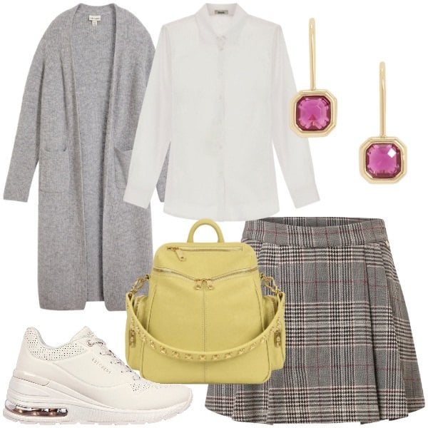 Outfit donna - Vestire l\'equilibrio. Stile Glamour per Tutti i giorni. Abbinamento con cardigans, camicie, gonne, zaini, orecchini, sneakers.