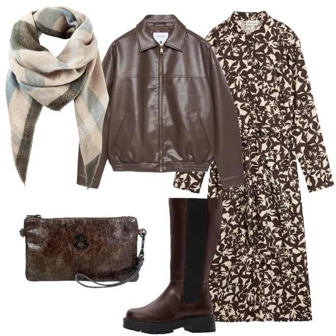 Outfit donna - Abito chemisier in autunno. Stile Casual chic per Tutti i giorni. Abbinamento con sciarpe, vestiti chemisier, stivali, bomber, pochette.
