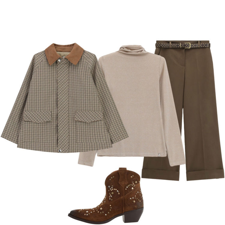 Outfit donna - Total look #2478421. Stile Casual chic per Tutti i giorni. Abbinamento con cappotti, pantaloni a palazzo, stivaletti texani, t-shirt.