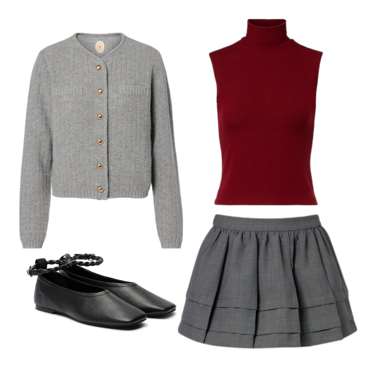 Outfit femme - Gris Bordeaux. Style Preppy pour Tous les jours. Assortir avec gilets, hauts, minijupes, ballerines.