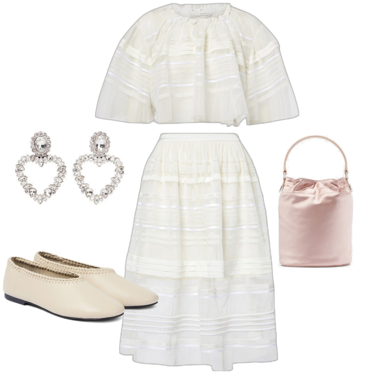 Outfit femme - Ensemble. Style Romantique pour Cérémonie. Assortir avec jupes au genou, boucles d'oreilles, sacs seau, ballerines, hauts.